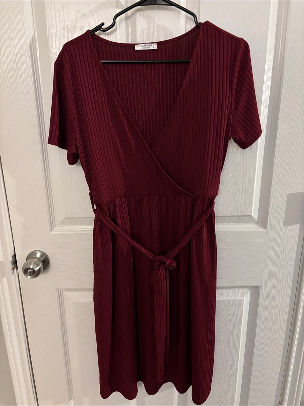 Scarlett Ribbed Faux-Wrap Midi Dress in Burgundy